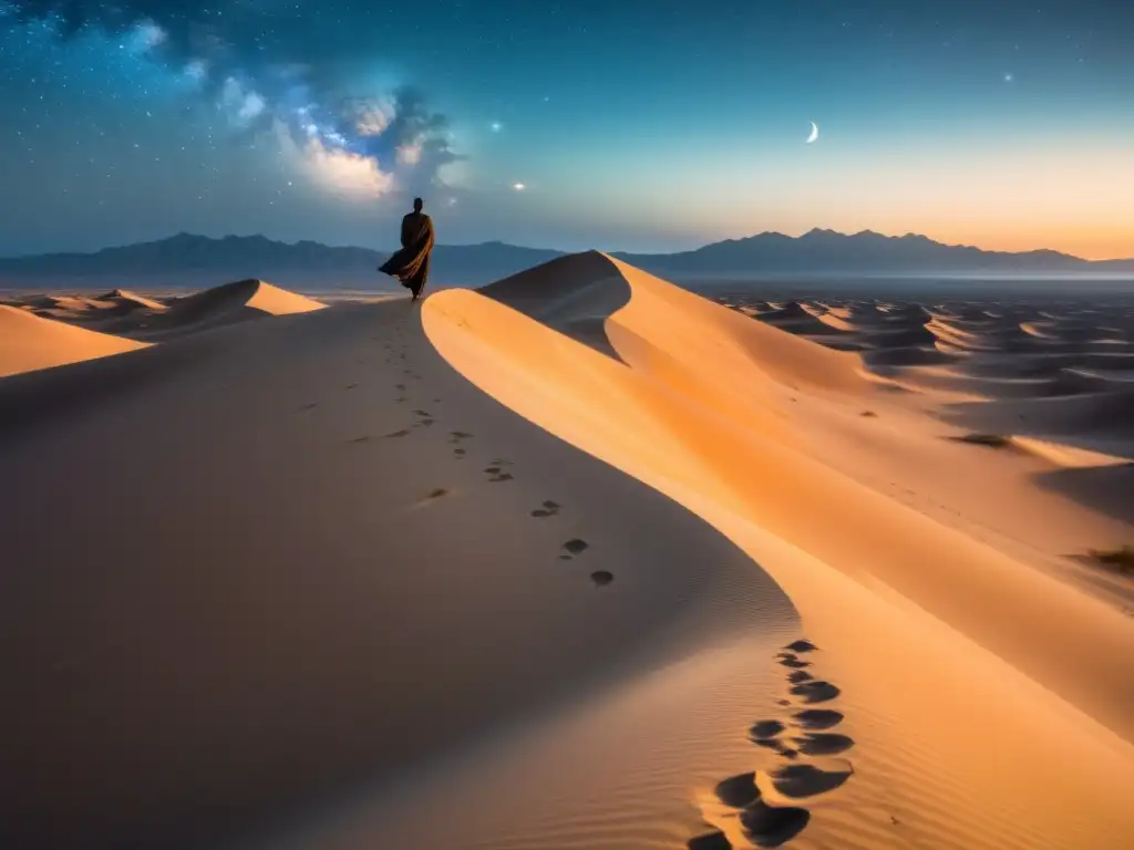 Un paisaje desértico sereno iluminado por la luna, con una figura solitaria caminando en un sendero serpenteante