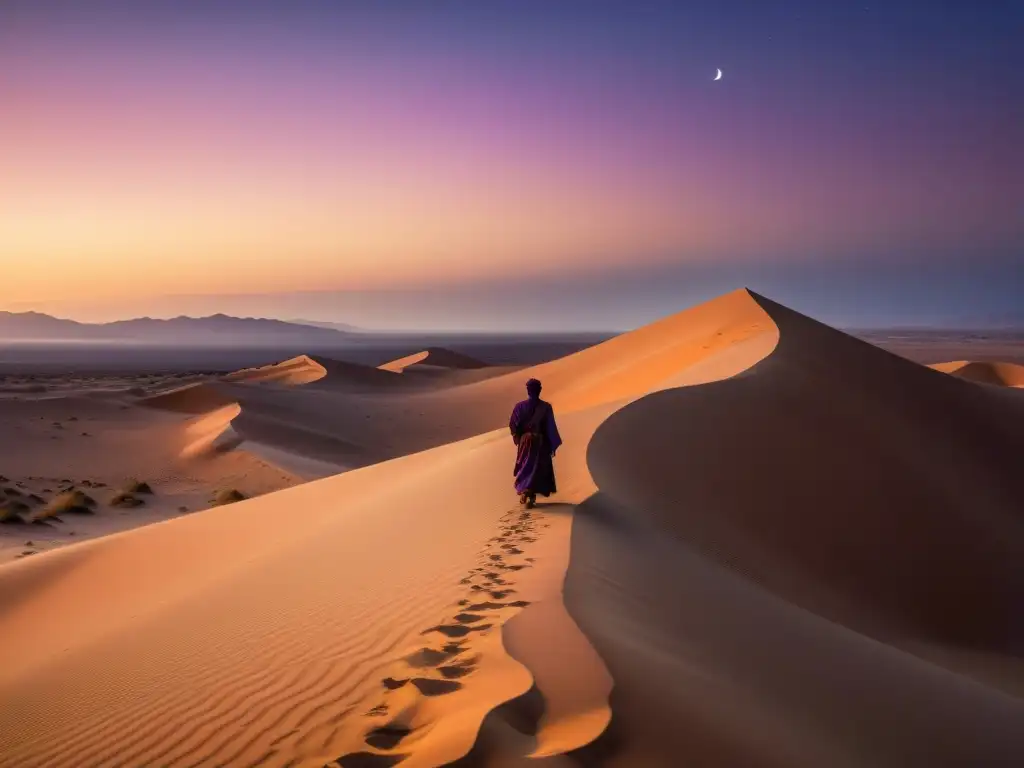 Un paisaje desértico tranquilo al atardecer, con suaves luces cálidas y sombras alargadas en las dunas doradas