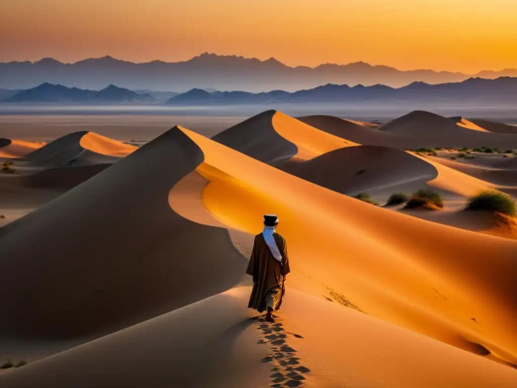 Un paisaje desértico tranquilo al atardecer con dunas iluminadas por la cálida luz dorada del sol poniente