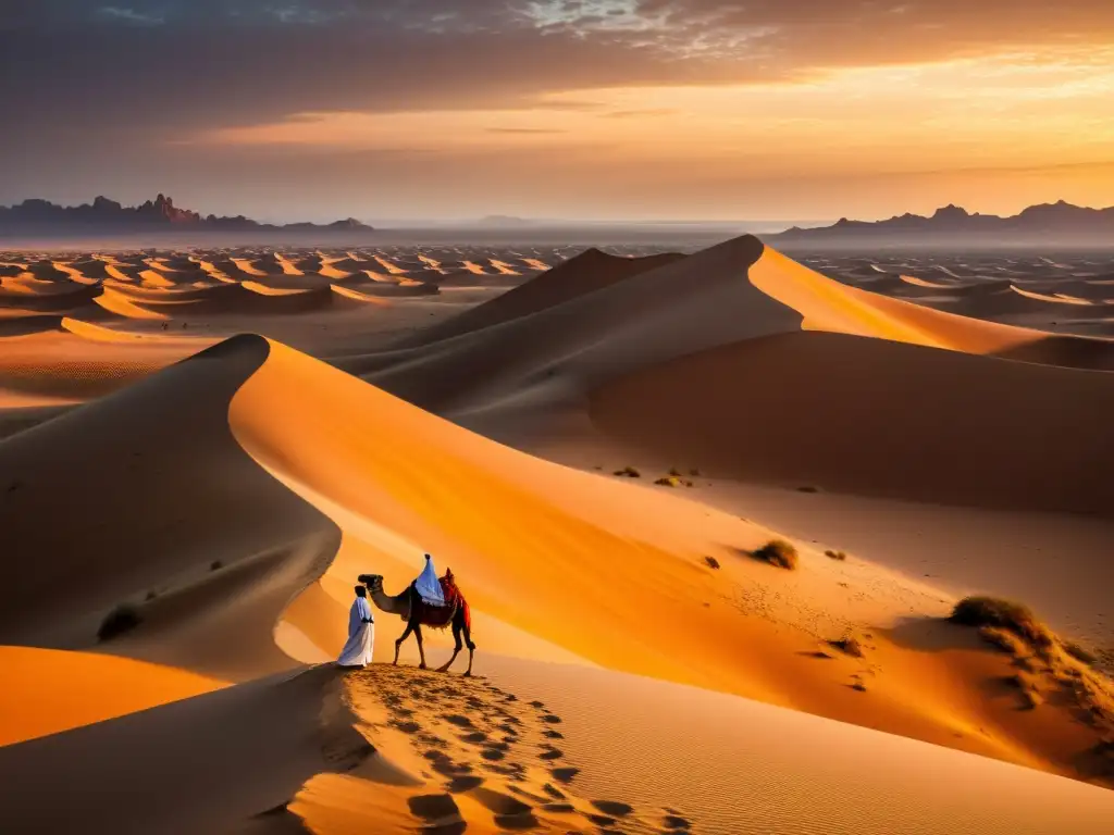 Un paisaje de desierto árabe al atardecer, con dunas doradas y un cielo colorido