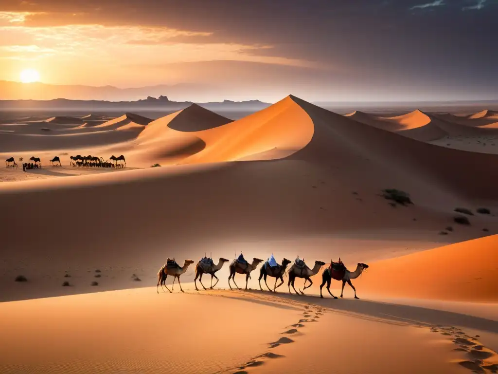 Un paisaje dorado de desierto con camellos y nómadas, destacando los Beneficios de la leche de camella