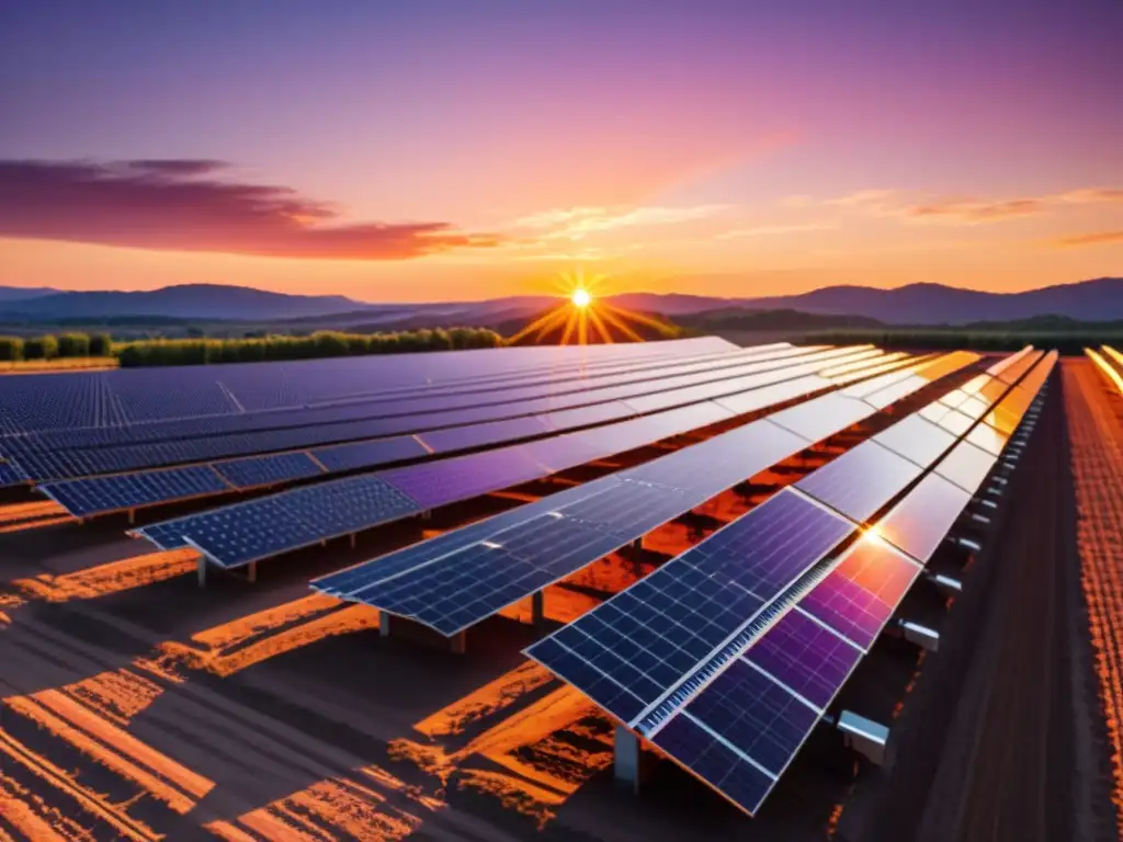 Un paisaje espectacular de una moderna granja solar con paneles relucientes, en armonía con un vibrante atardecer