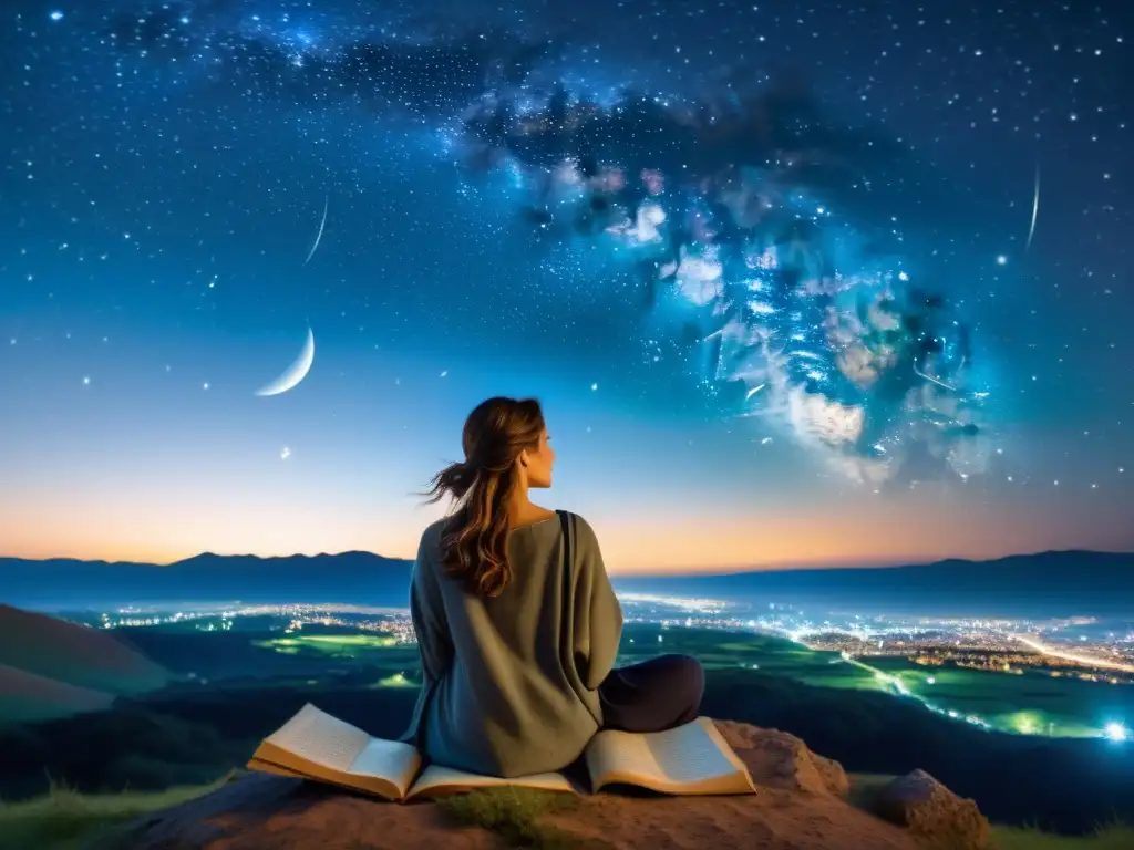 Un paisaje estelar mágico con una figura leyendo el Rubaiyat de Omar Khayyam bajo la luz de la luna, entrelazando astronomía, poesía y espiritualidad