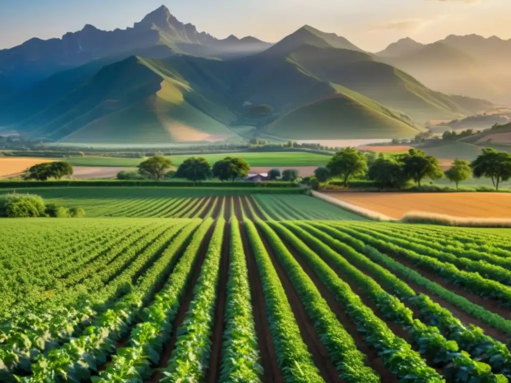 Un paisaje agrícola exuberante bañado en la luz dorada del atardecer, reflejando la influencia de los calendarios agrícolas en el cultivo moderno