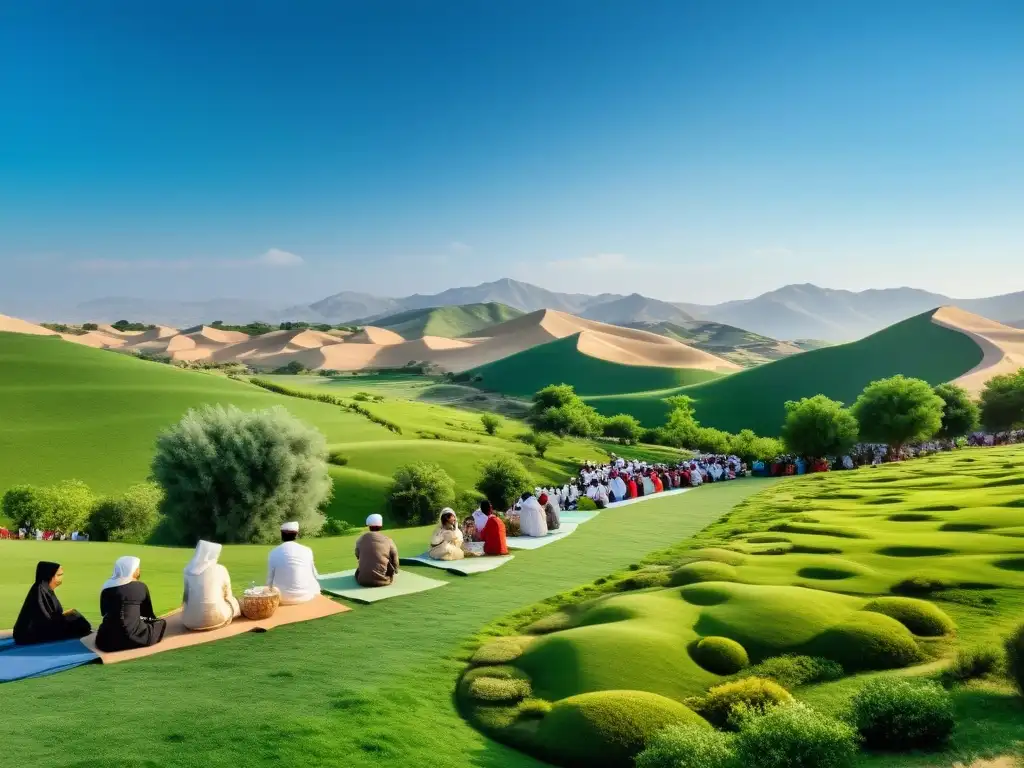 Un paisaje exuberante y sereno con celebración sostenible de Eid al Adha, armonizando con la naturaleza