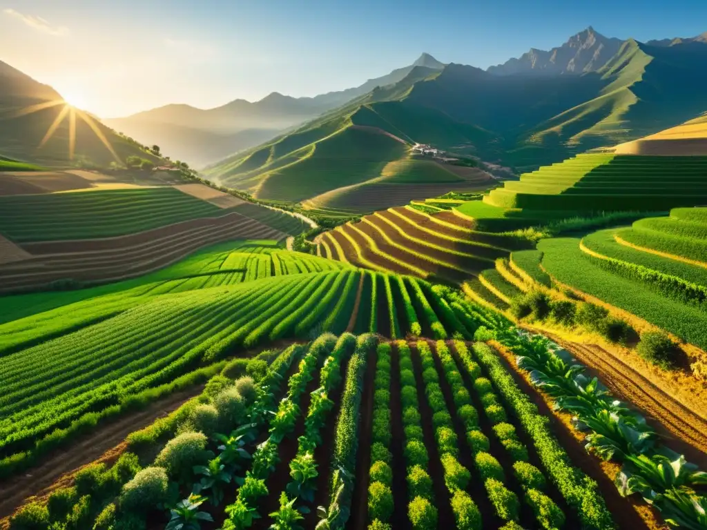 Un paisaje agrícola exuberante y vibrante en al-Ándalus, con terrazas y canales de riego, cultivos verdes y montañas