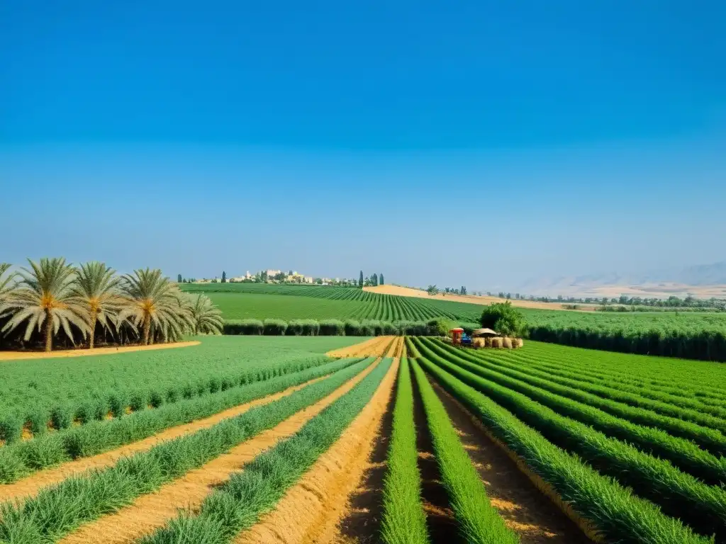 Un paisaje agrícola exuberante y vibrante bajo un cielo azul claro en el califato islámico, con cultivos y agricultores