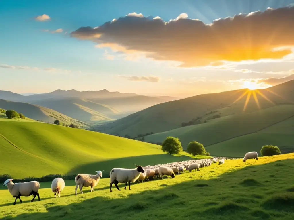 Un paisaje exuberante y vibrante con montañas majestuosas, rebaños de ovejas y cabras pastando