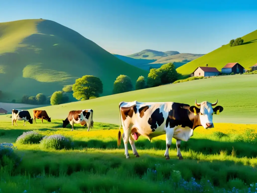 Un paisaje idílico con vacas felices pastando en un prado verde y exuberante bajo un cielo azul