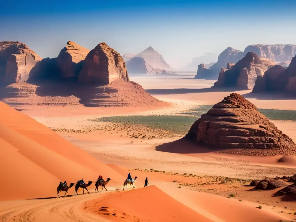 Un paisaje impresionante del majestuoso desierto de Wadi Rum en Jordania, con dunas rojas, formaciones rocosas y un cielo azul claro