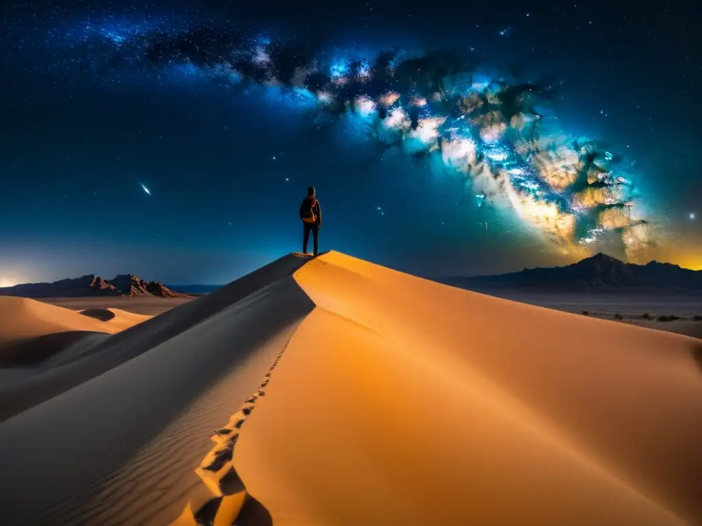 Un paisaje nocturno deslumbrante en el desierto, con la Vía Láctea brillante sobre las dunas