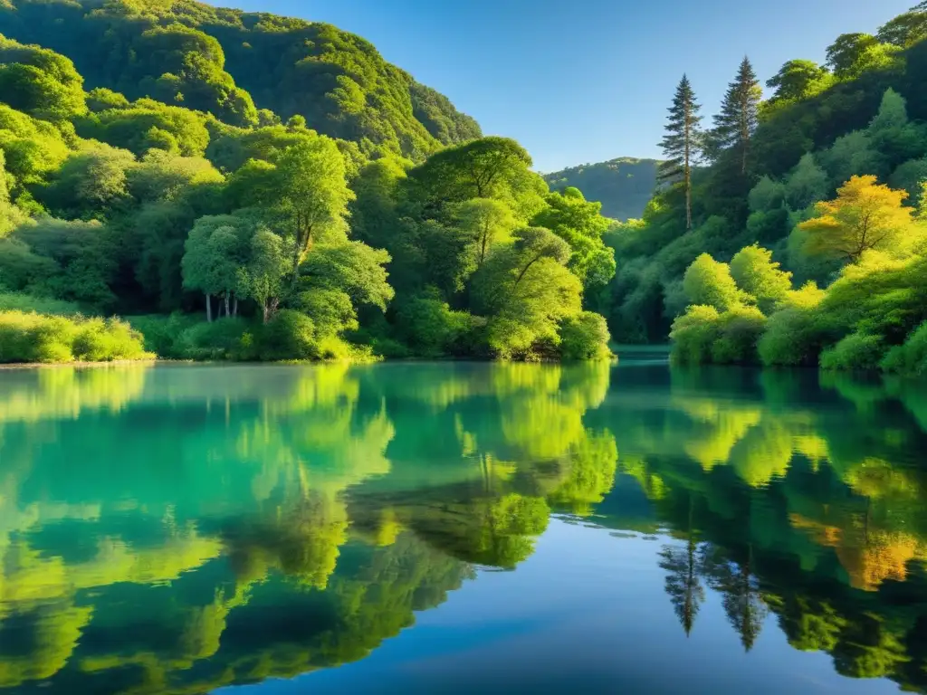 Un paisaje sereno con agua cristalina reflejando la naturaleza, invita a la contemplación espiritual islámica