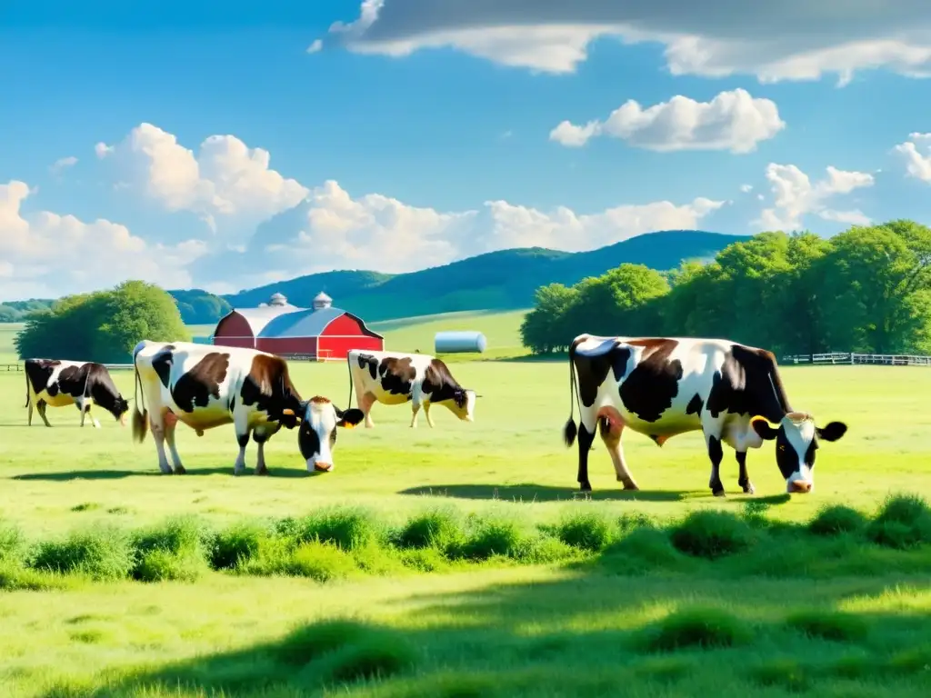 Un paisaje sereno con vacas Holstein pastando en un prado soleado, resaltando su pelaje blanco y negro