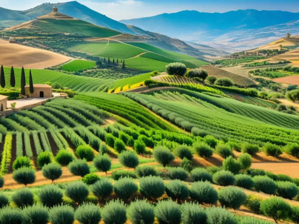 Un paisaje siciliano exuberante y vibrante con olivares y viñedos, un granjero tradicional y elementos arquitectónicos islámicos fusionados con encanto rústico, bañados por la cálida luz del Mediterráneo