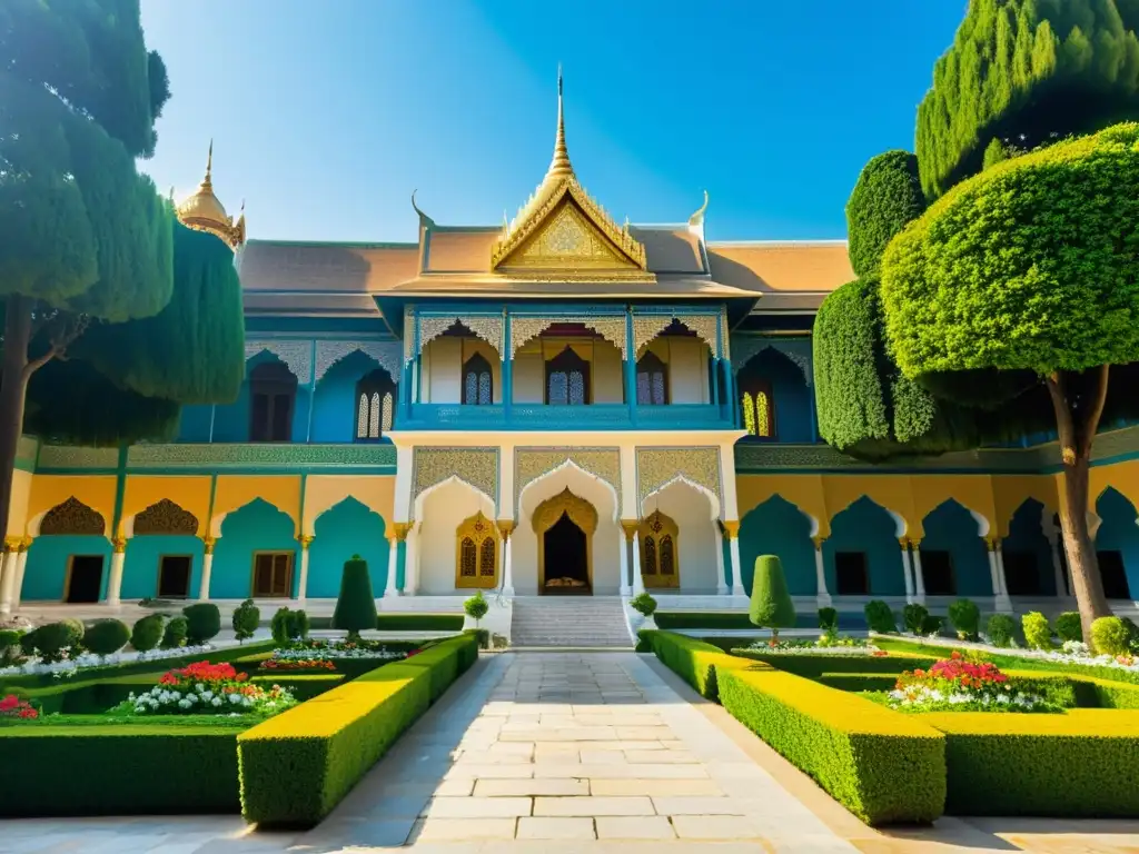 Palacio persa de la dinastía Ziyárida con exuberantes jardines, mercaderes y figuras nobles