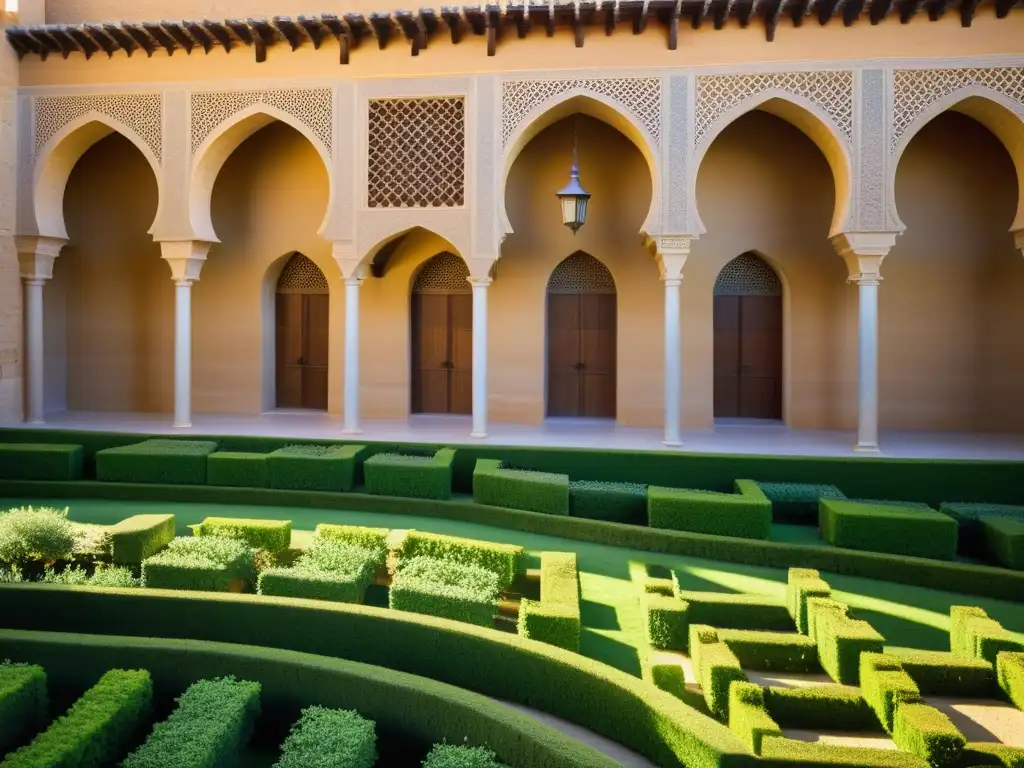 Palacio de la Aljafería en Zaragoza, un tesoro del Califato, con su arquitectura islámica y jardines exuberantes bajo la cálida luz del sol