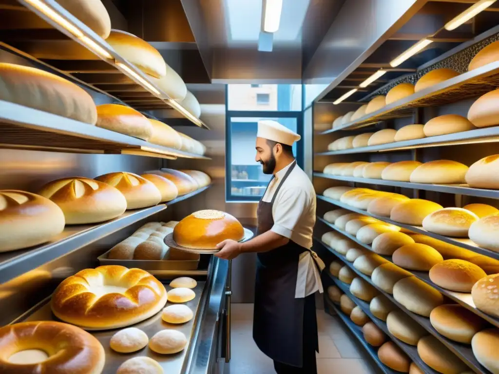 Panadería llena de luz cálida, donde un panadero moldea cuidadosamente la masa en tradicionales panes redondos