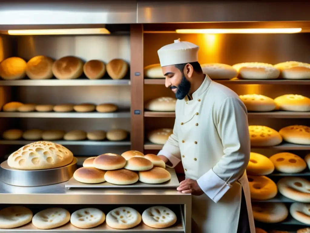 Panadería musulmana con variedades de pan en el Islam, mostrando hornos, panadero y pan recién horneado en estantes de madera