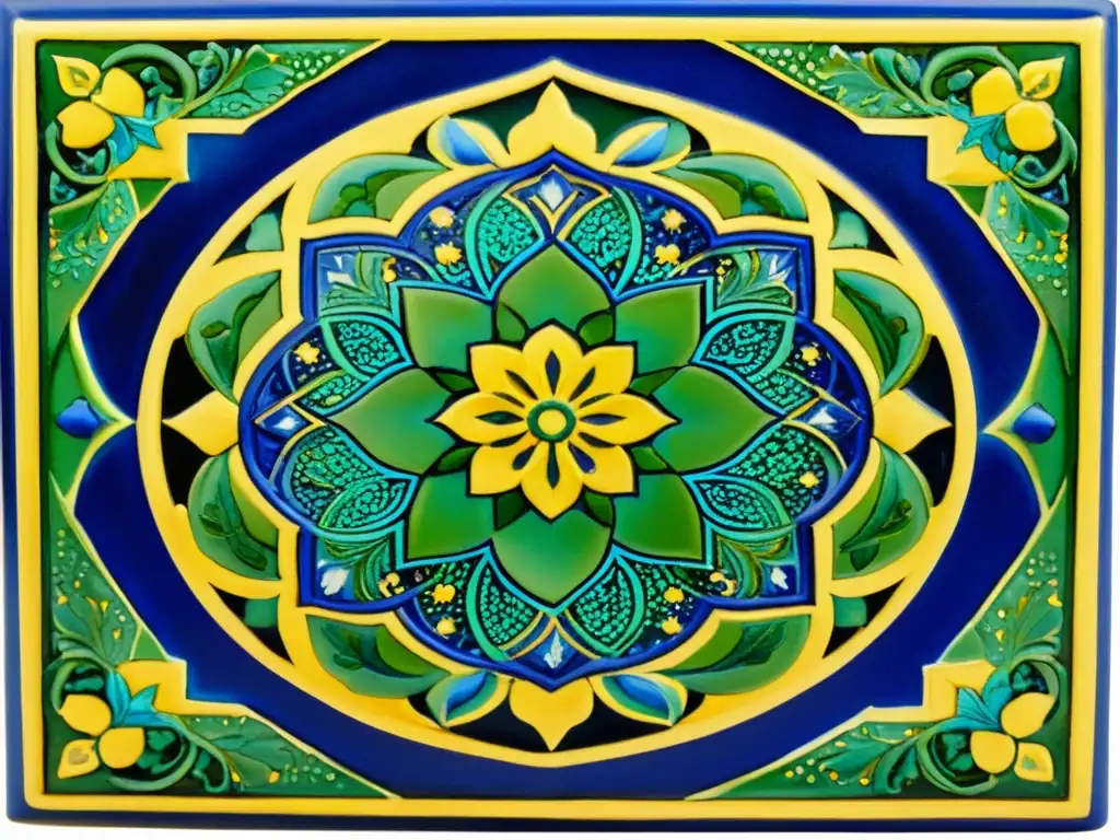 Un panel de azulejos persas con diseños intrincados en azul cobalto, verde esmeralda y oro