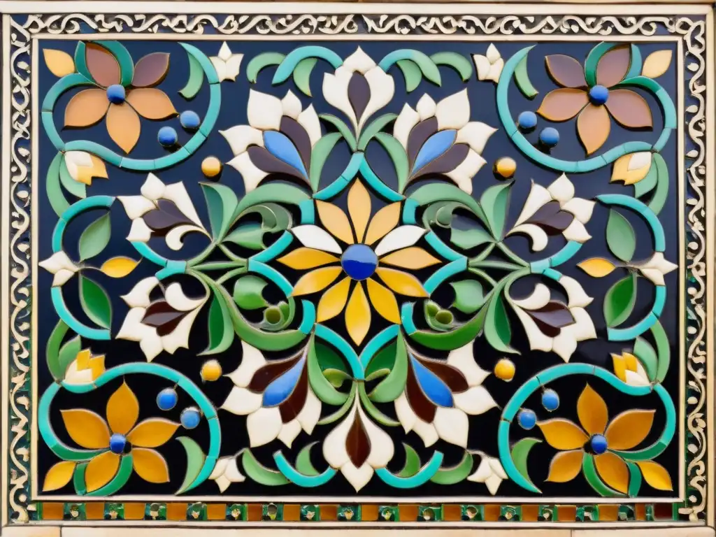 Panel de mosaico islámico con exquisito diseño floral en tonos terrosos, emanando elegancia y sofisticación artística en la Alhambra