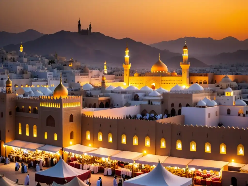 Panorámica de AlMadinah al atardecer, con minaretes misteriosos y una animada plaza