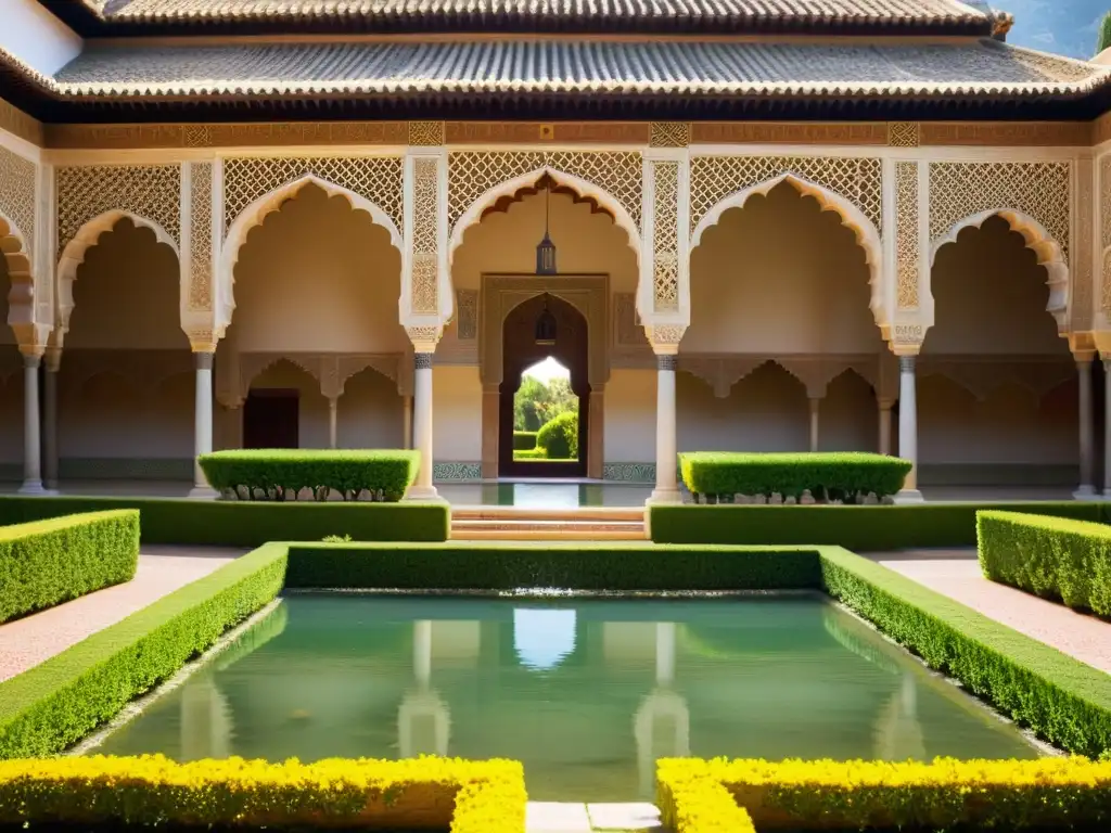 Panorámica impresionante de la Alhambra en Granada, con patrones islámicos y exuberantes jardines en pleno esplendor