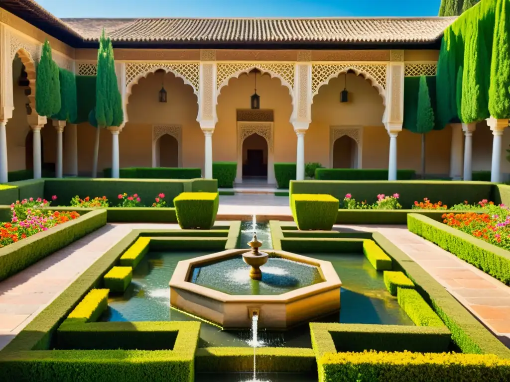 Un paraíso de diseño islámico en los jardines de la Alhambra, con exuberante vegetación y fuentes