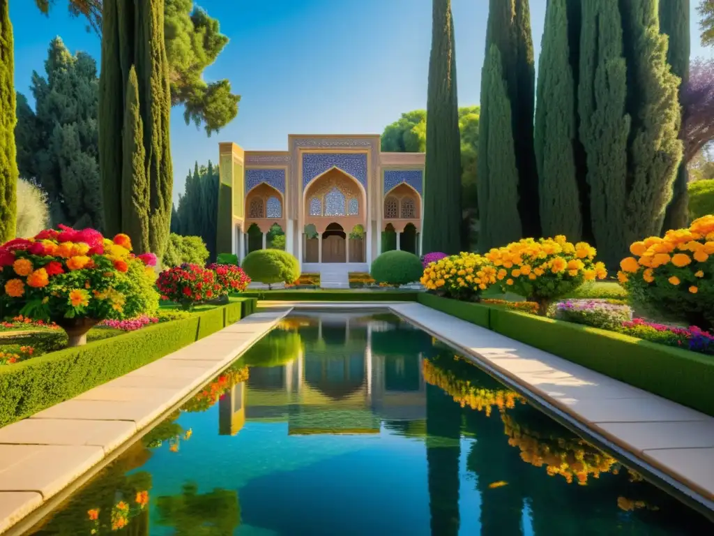 Un paraíso de estética jardines persas con exuberante flora y tranquilidad reflejada en un estanque sereno