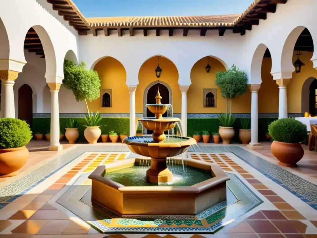 Un patio andaluz con azulejos vibrantes, vegetación exuberante y una fuente intrincadamente decorada