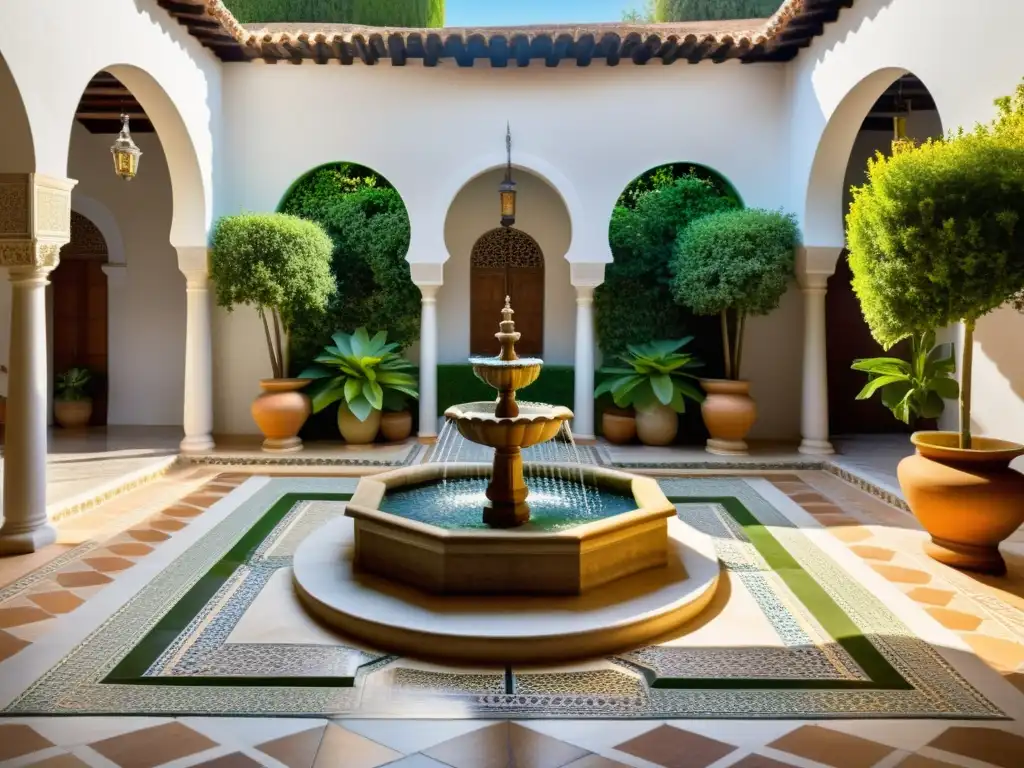 Un patio andaluz bañado por el sol, con azulejos moriscos, una fuente de mármol y exuberante vegetación