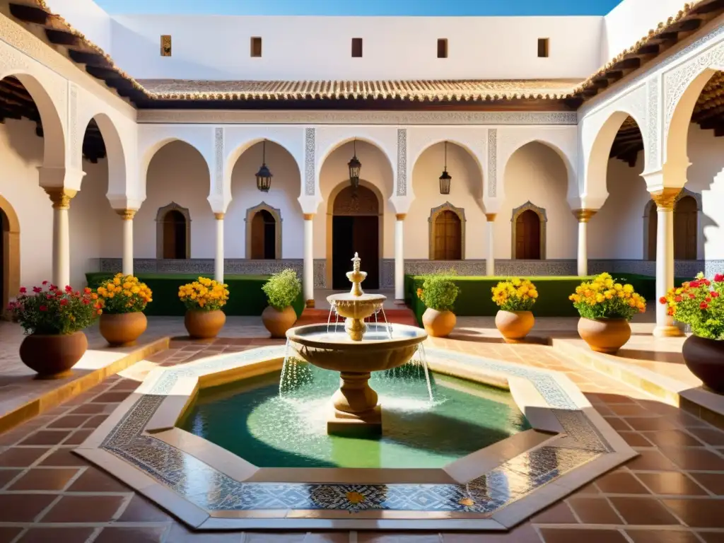 Un patio andaluz con detalles arquitectónicos, una fuente central y flores vibrantes, iluminado por el sol