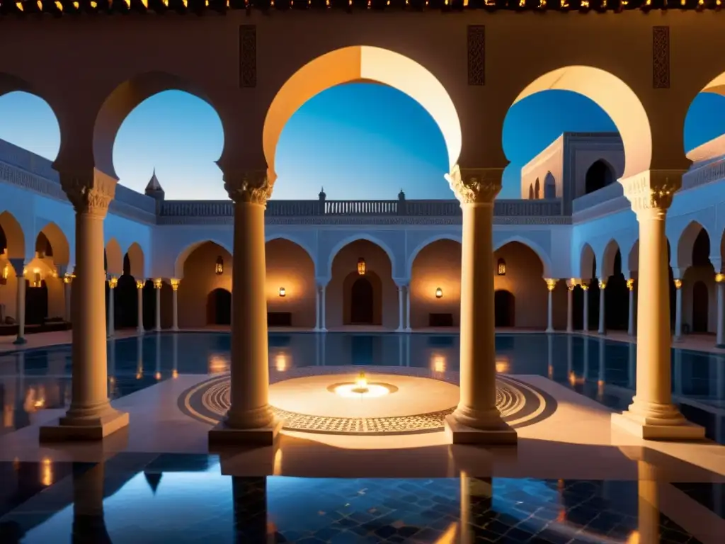 Un patio andaluz iluminado por la luna con arcos, mosaicos y músicos