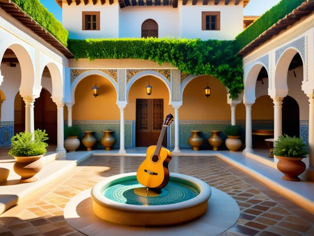 Un patio andaluz con mosaicos, una fuente central y músicos de diversas culturas tocando instrumentos tradicionales