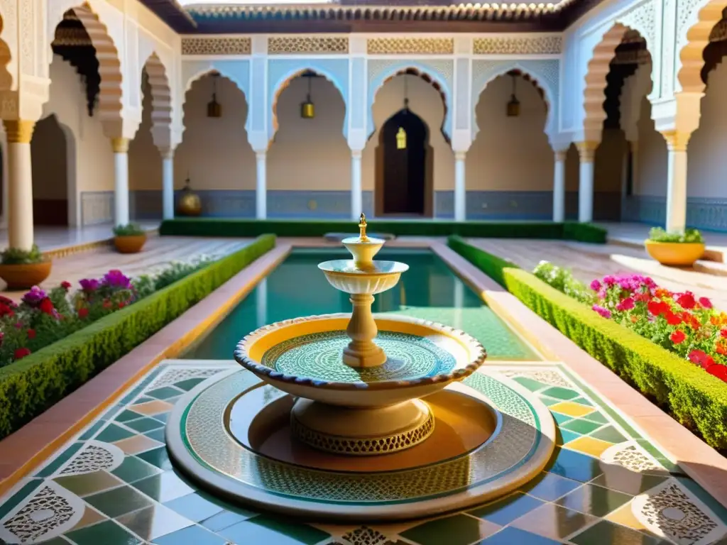 Un patio andaluz con mosaicos, fuentes y vegetación exuberante, evocando la cocina islámica en Europa