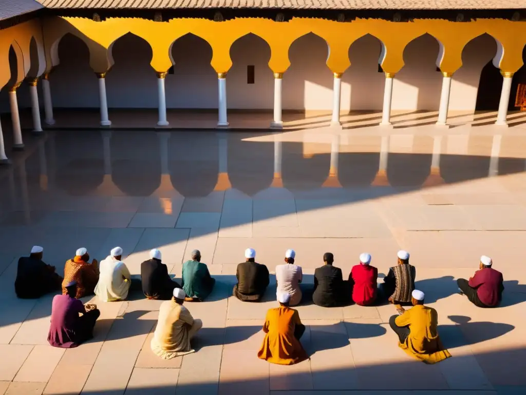 Un patio bullicioso de mezquita al atardecer, con la cálida luz de las linternas iluminando la arquitectura y creando sombras dramáticas