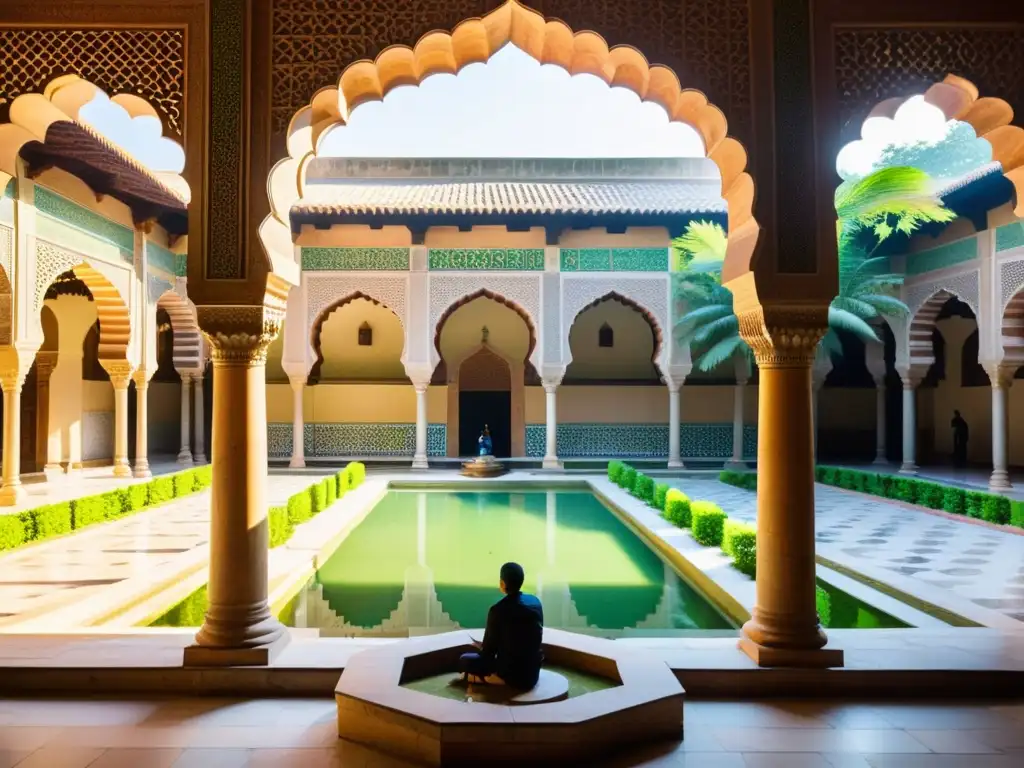 Un patio de madraza decorado con mosaicos vibrantes y exuberante vegetación, estudiantes discuten bajo arcos ornamentados y pilares