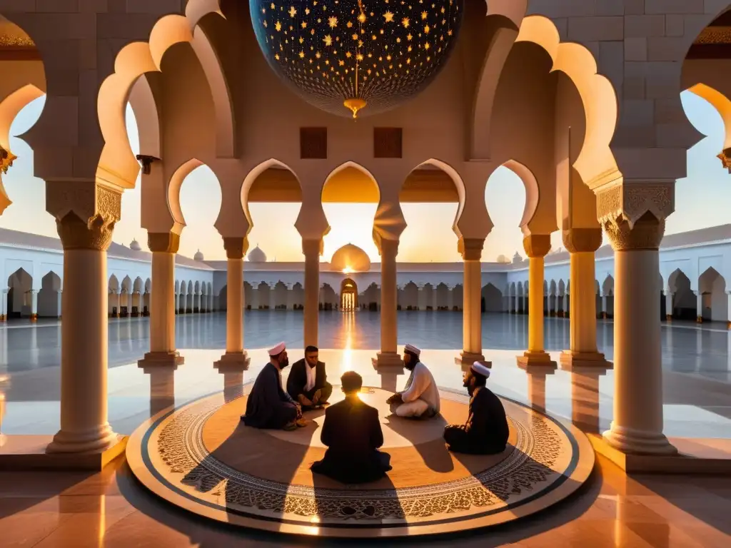 Un patio de gran mezquita al atardecer con patrones geométricos e iluminado por una cálida luz, donde sabios y astrónomos estudian un globo celeste