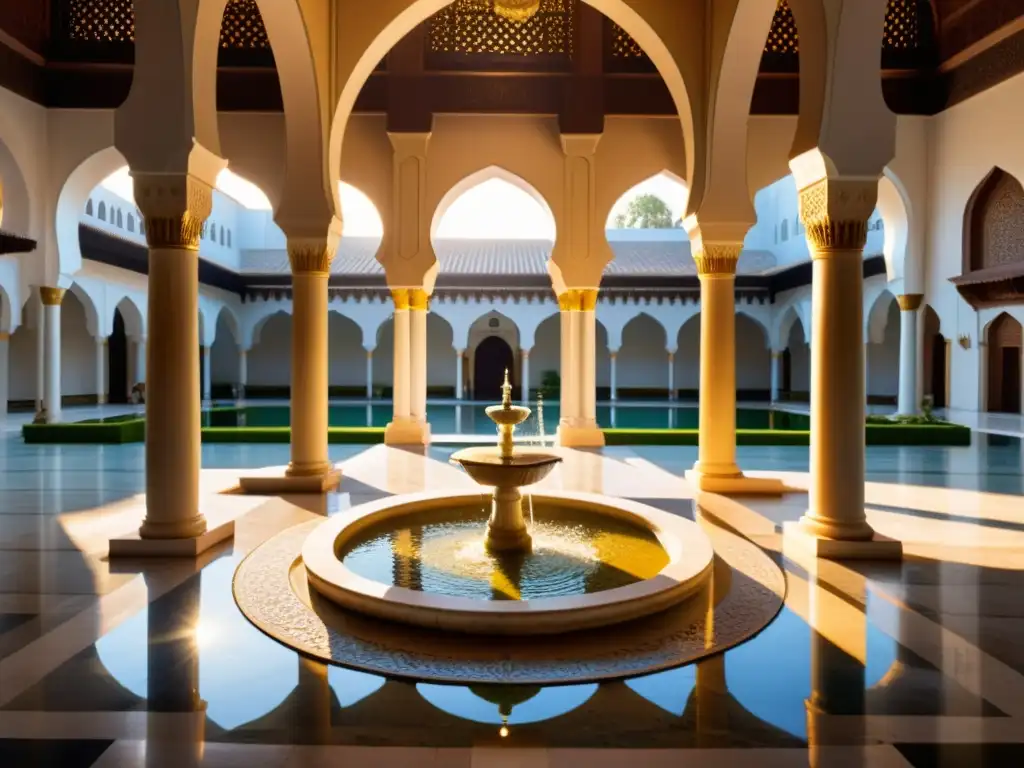 Un patio impresionante con significado espiritual del agua en mezquitas, rodeado de arcos y pilares detallados, bañado por una cálida luz dorada