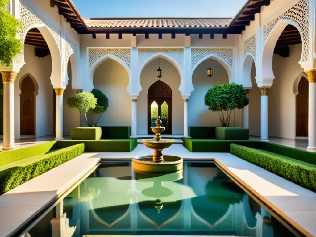 Un patio interior islámico con agua reflejando arquitectura y vegetación, evocando una contemplación espiritual