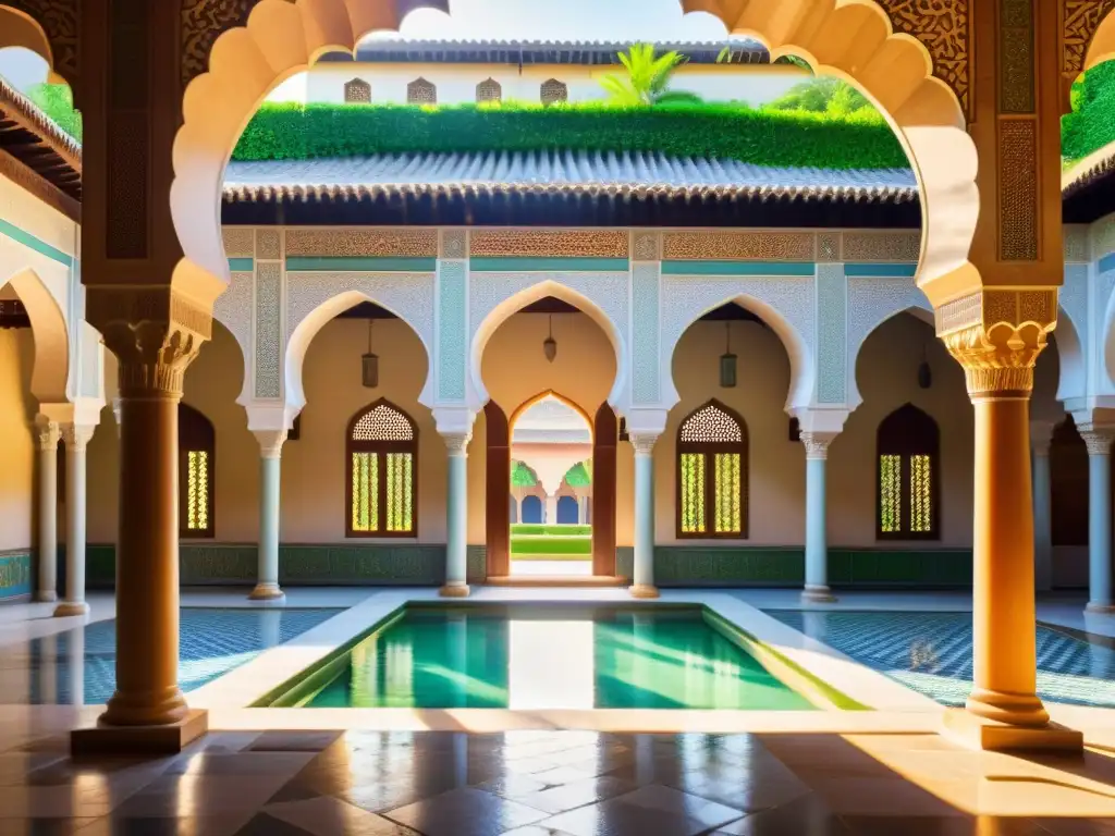 Un patio de madraza islámica con azulejos geométricos, estudiantes y vegetación exuberante, evocando la tradición educativa del mundo islámico