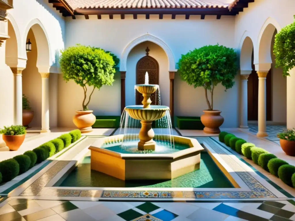 Un patio islámico con fuente ornamental, creando un ambiente de tranquilidad y armonía con simbolismo agua decoración islámica