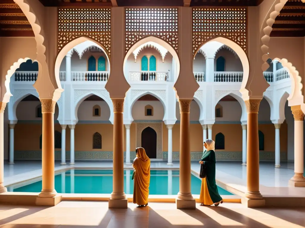 Un patio islámico con mujeres admirando arquitectura, destacando la importancia mujeres en arte islámico