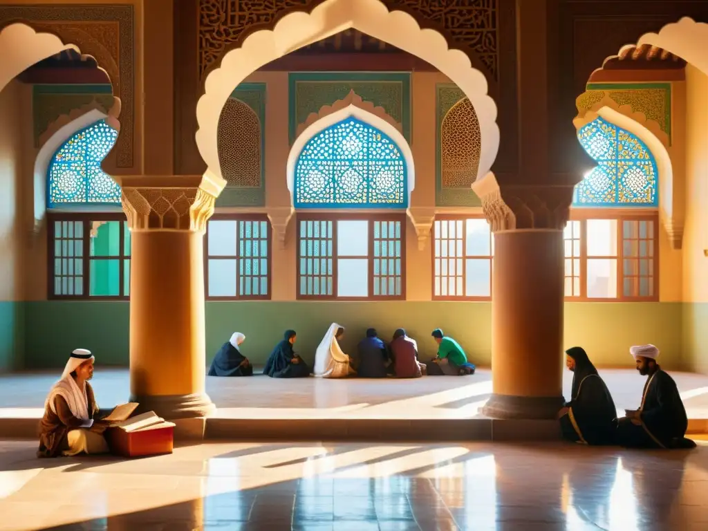 Un patio de madrasa islámica con estudiantes debatiendo, intrincados detalles arquitectónicos y caligrafía, bañados por la cálida luz del sol