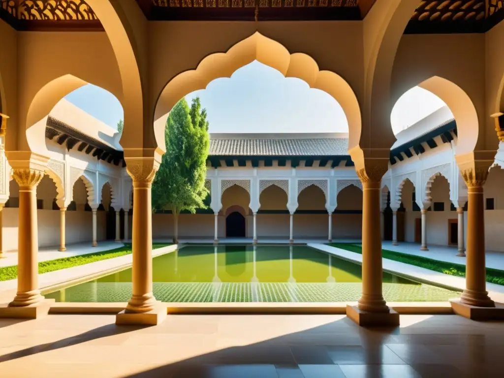 Un patio de madrasa islámica con estudiantes en animadas discusiones bajo cálida luz, arcos ornamentados y exuberante vegetación