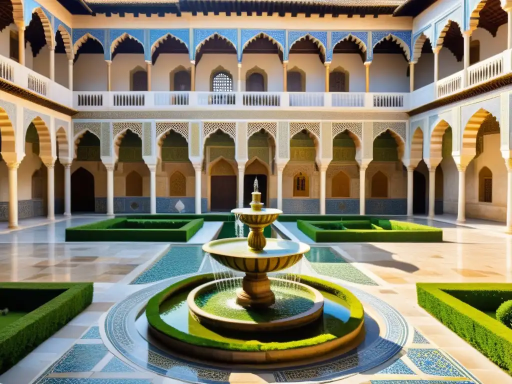 Un patio medieval árabe con poetas y eruditos en animada discusión, rodeados de opulenta arquitectura y jardines exuberantes