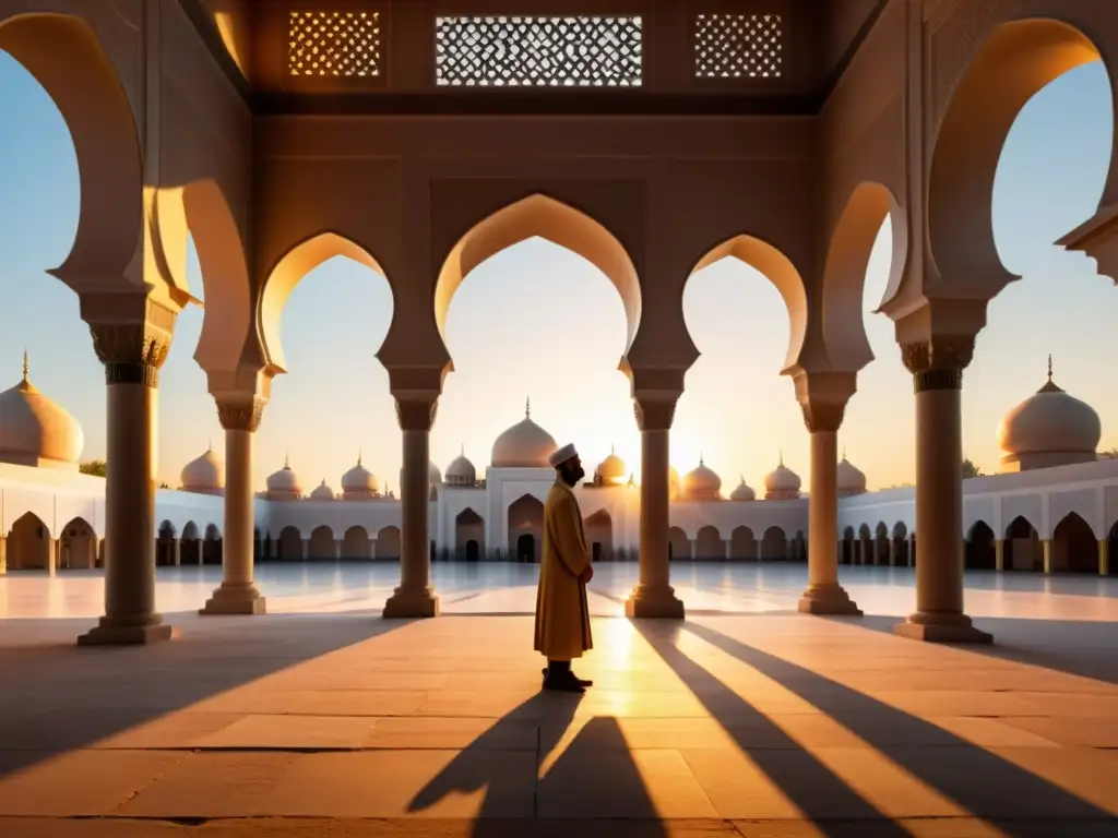 Un patio de mezquita antigua al atardecer, con patrones geométricos y luz dorada