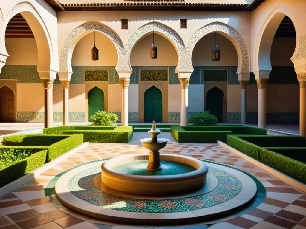 Un patio de mezquita antigua con azulejos y arcos, bañado por cálida luz solar resaltando los materiales tradicionales de construcción de mezquitas