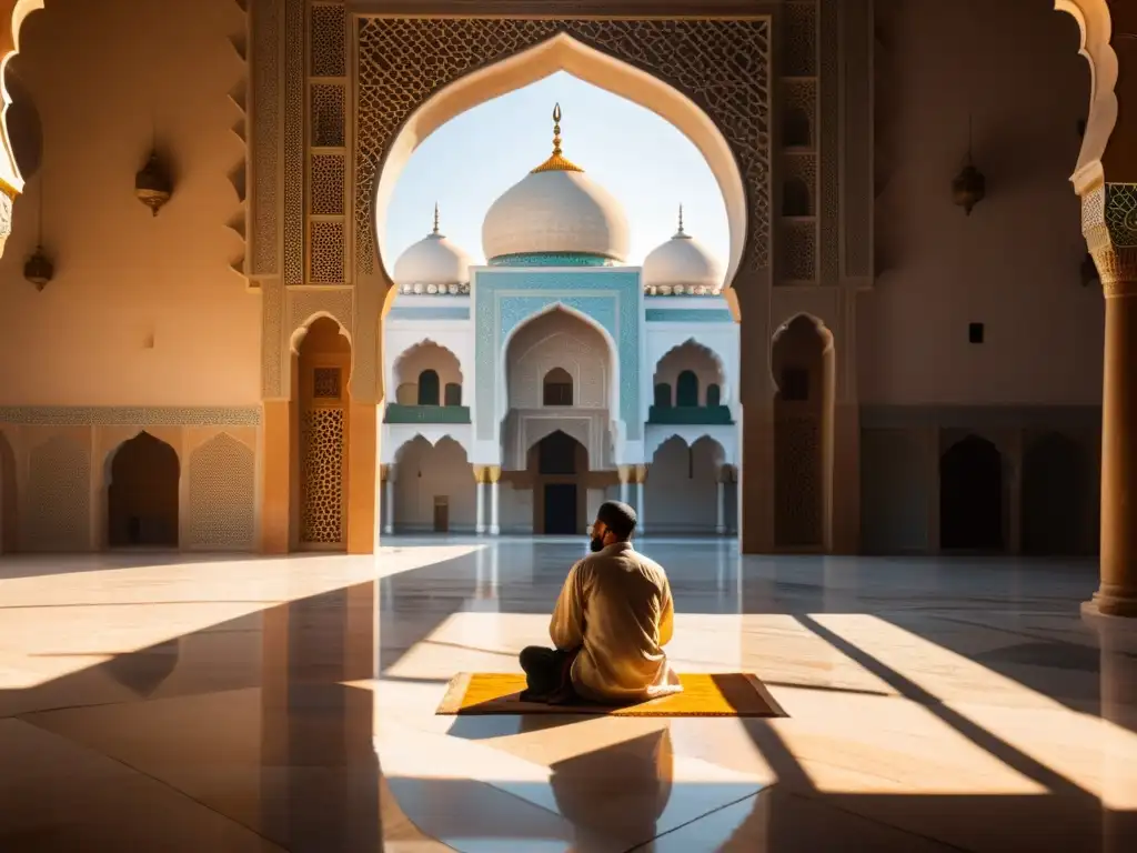 Un patio de mezquita antigua, con intrincados azulejos y arcos, derramando luz sobre un suelo de mármol