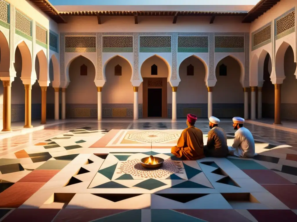 Un patio de mezquita antigua con mosaicos vibrantes y patrones geométricos, bañado por la luz suave del atardecer