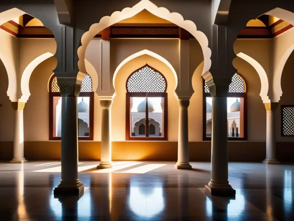 Un patio de mezquita asiática bañado por cálida luz solar, con patrones geométricos y una atmósfera de serenidad y riqueza cultural